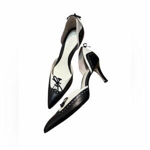 Franco Sarto Black White Leather Heels Size 8.5  Pointed Toe Bow Pumps coquette